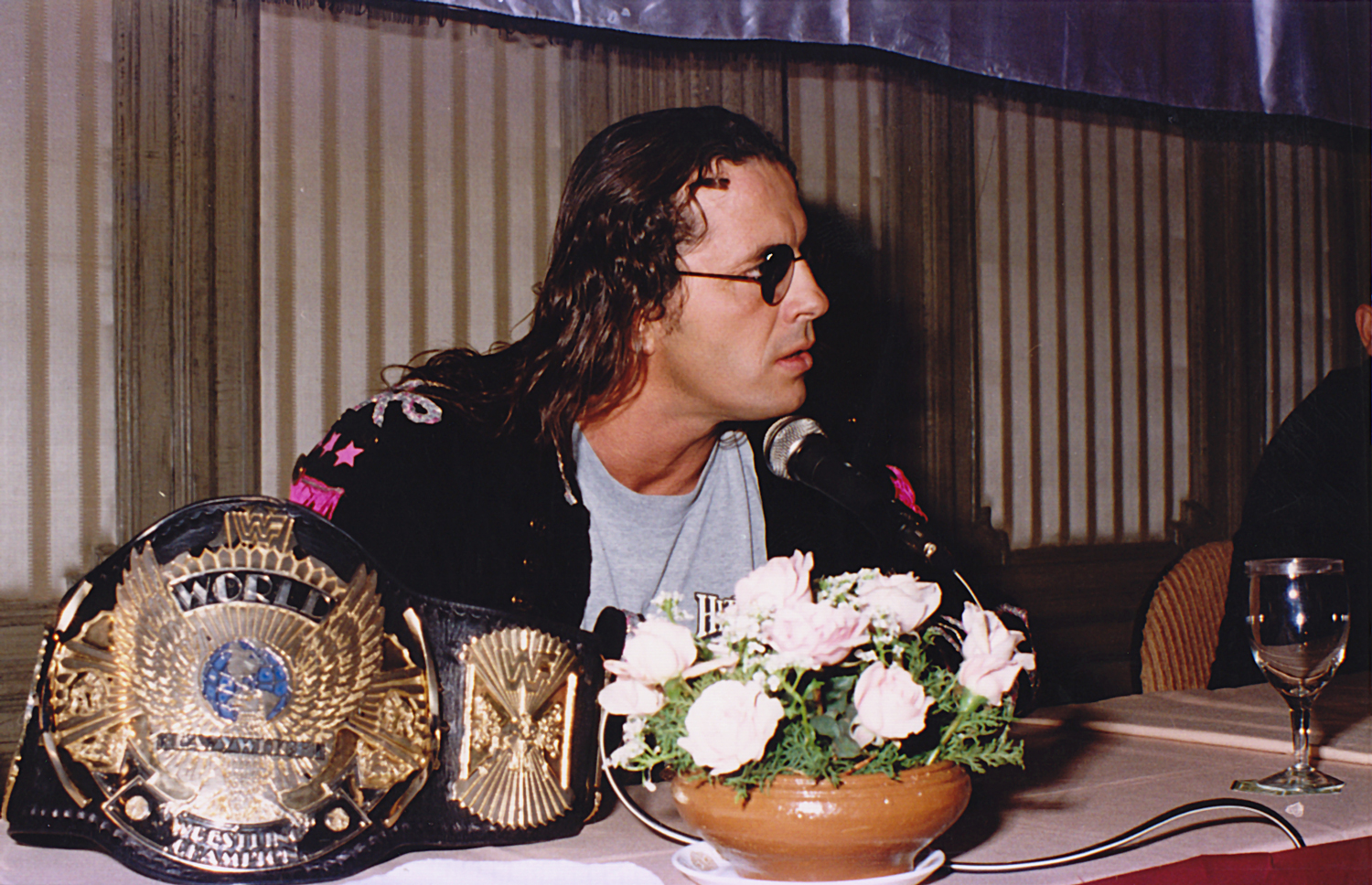 Canadian-American professional wrestler Bret Hart at the launch of the Everready WWE Tour of India. Year 1996, Mumbai.